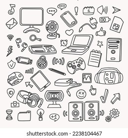 Outline computer doodles Line art set of objects and symbols on the theme of the computer technology on white background