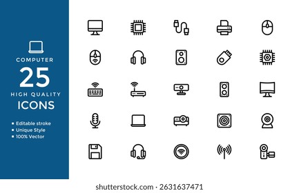 Esquema de los iconos de la computadora y la TI: portátil, servidor, teléfono inteligente, codificación, paquete de desarrollo de Web