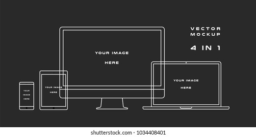 Outline computer monitor, laptop, tablet, smartphone isolated on black background. Can use for template presentation, web design and ui kits. White electronic gadget, device mockup. Vector