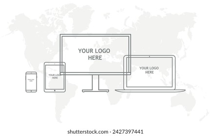 Outline computer monitor, laptop, tablet, smartphone isolated on white background. 
