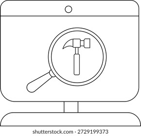 Esquema de una pantalla de computadora con una lupa sobre un icono de martillo