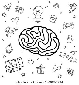 Outline concept of a brain and thoughts. Brainstorm on white background. Stock vector illustration