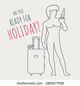 outline concept creative David statue in florence italy & beer bottle glass. enjoy & ready for holiday & vacatio time flat design & corona art. funny vector tourist with luggage, suitcase or baggage