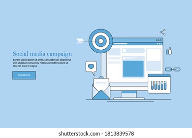 Outline concept of Social media campaign, Sharing post on social media, email marketing, target audience - vector illustration landing page