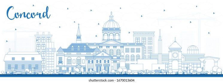 Outline Concord New Hampshire City Skyline with Blue Buildings. Vector Illustration. Business Travel and Tourism Concept with Historic and Modern Architecture. Concord Cityscape with Landmarks.