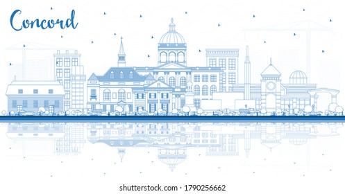 Outline Concord New Hampshire City Skyline with Blue Buildings and Reflections. Vector Illustration. Business Travel and Tourism Concept with Historic and Modern Architecture. Concord Cityscape.