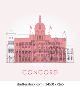 Outline Concord skyline with landmarks. Vector illustration. Business travel and tourism concept with historic buildings. Image for presentation, banner, placard and web site.