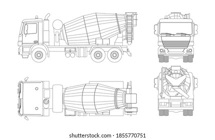 Outline concrete mixer truck. Side, top, front and back views. Isolated lorry blueprint. Industrial drawing. Construction vehicle for build. Vector illustration svg