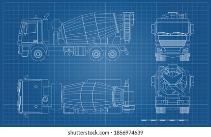Outline concrete mixer truck. Side, top, front and back views. Lorry blueprint. Industrial drawing. Construction vehicle for build. Vector illustration