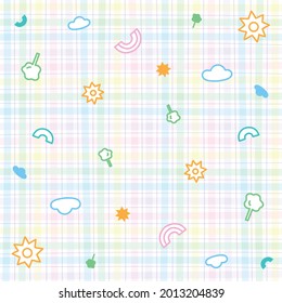 Outline Confetti Cute Ornament Element Sun Cloud Tree Rainbow Pastel Gingham Pattern Background Editable Stroke Cartoon Vector Illustration Cloth, Mat, Fabric pattern, Textile, Tile, Scarf, Wrapping.