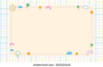 Outline Confetti Cute Ornament Element Sun Cloud Tree Rainbow Pastel Gingham Pattern Paper Background Frame Border. Blank note Cartoon Vector Illustration. Editable Stroke.