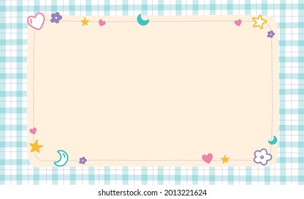 Outline Confetti Cute Ornament Element Heart Star Flower Moon Rainbow Pastel Gingham Pattern Paper Background Frame Border. Blank Note Cartoon Vector Illustration. Editable Stroke.