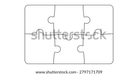 Outline connected puzzle 6 pieces frame. Frame blank puzzle 2x3 pieces. Template shape of Jigsaw puzzle pieces. Stock vector illustration isolated on white background.