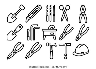 Outline Construction Tools Vector Set for Building, Repair, and Home Improvement