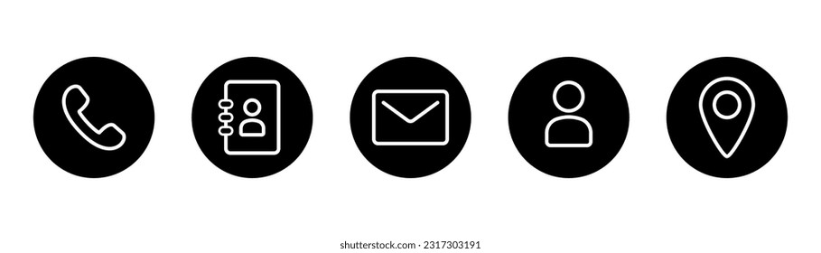 Outline contact us icon set. Support icons. Outline contact icon in circle. Phone symbol. Linear location pointer in black. Phone book symbol