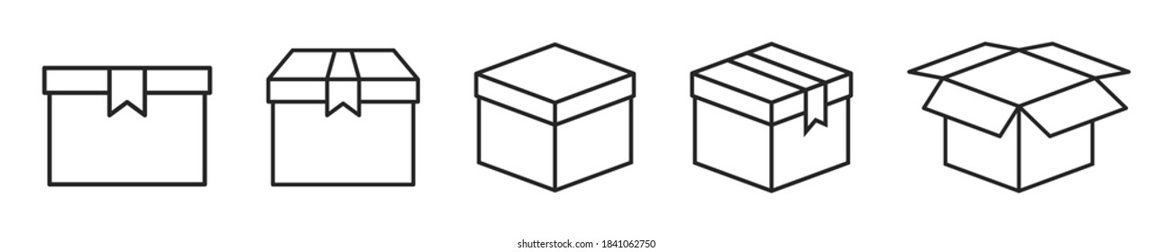 Outline container box. Isolated delivery package set. Cardboard in black simple design. Open and closed box with stripe. Shipping container symbol in square shape. Vector EPS 10