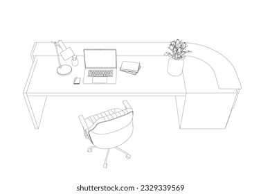 Contorno de las ilustraciones vectoriales planas del espacio de trabajo contemporáneo establecidas. Contacte con el escritorio o la mesa de Office con el sillón y el ordenador. Elementos de diseño interior de negocios. Ilustración vectorial.