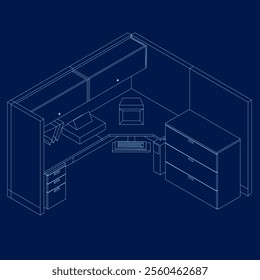 Outline of Contemporary workspace flat vector illustrations set. Contour Office desk or table with office chair and computer. Business interior design elements. Vector illustration. Isometric view.