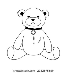 Outline contour drawing of plush bear with piercing and seams. Emo gothic toy line illustration. Y2k vector design