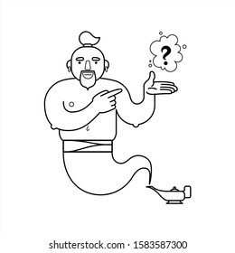 Outline, Contour Genie From A Lamp, Cartoon Character. For Coloring Book Page. The Genie Will Fulfill Any Three Wishes. What Desire Do You Make? Question Mark. Isolated On A White Background.