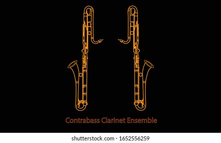 Outline contrabass clarinet ensemble isolated on black background. Musical instrument for template or art school dictionary illustration