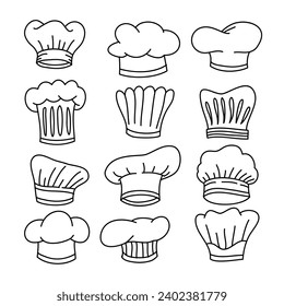 Outline Cook Chef hat line set collection, chef hat symbol, Linear chef toque vector illustration doodle style. Toque chef and baker hat, cook, table, restaurant concept.