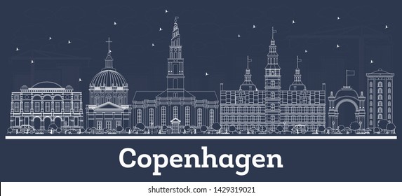 Outline Copenhagen Denmark City Skyline with White Buildings. Vector Illustration. Business Travel and Tourism Concept with Historic Architecture. Copenhagen Cityscape with Landmarks.