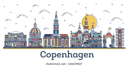 Outline Copenhagen Denmark City Skyline with Colored Historic Buildings Isolated on White. Vector Illustration. Copenhagen Cityscape with Landmarks.
