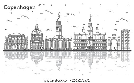 Esbozar Copenhague Dinamarca la ciudad con edificios históricos y reflexiones aisladas en blanco. Ilustración vectorial. El paisaje urbano de Copenhague con puntos de referencia.