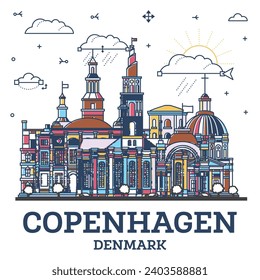 Esbozar Copenhague Línea de la ciudad de Dinamarca con edificios modernos e históricos de colores aislados en blanco. Ilustración vectorial. El paisaje urbano de Copenhague con puntos de referencia.