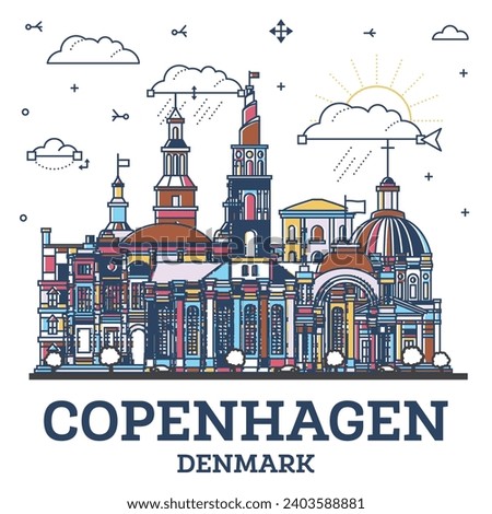 Outline Copenhagen Denmark City Skyline with colored Modern and Historic Buildings Isolated on White. Vector Illustration. Copenhagen Cityscape with Landmarks.