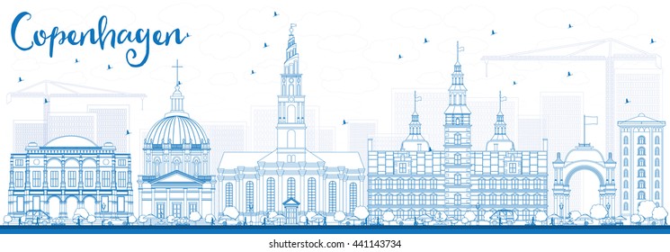 Outline Copenhagen Skyline with Blue Landmarks. Vector Illustration. Business Travel and Tourism Concept with Historic Buildings. Image for Presentation Banner Placard and Web Site.