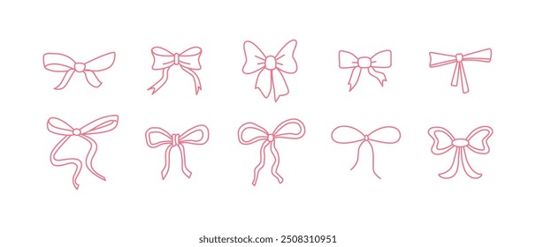 Outline coquette girly bows and ribbons. Y2k glamour style. Retro line art, contour, sketch. Romantic doodles. Bows for present, gift or hair accessory. Vector isolated on white.