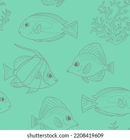 Outline Coral Reef Fish On Turquoise Background. Vector Seamless Pattern. Simple Illustration Of Bannerfish, Blue Tang, Zebrasoma And Corals.	