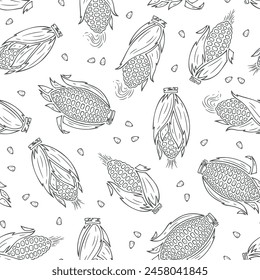 Outline Corn Cobs Seamless Pattern. Maize. Vegetable Background. Handmade. Hand drawing. Not AI. Black and White Vector illustration