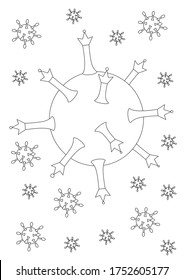 Outline coronavirus or virus under the microscope as a coloring page in A4 format. Stock vector linear illustration on white background for design, print or anti stress coloring