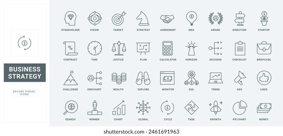 Outline corporate ethics, data presentation symbols, direction arrow and spyglass for vision. Business growth strategy, ideas for company success thin black and red line icons set vector illustration.