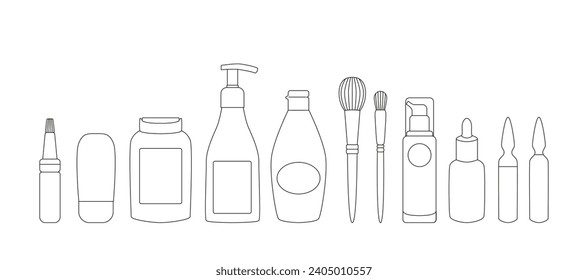 Outline cosmetics packaging - jars, bottles, tubes, ampoules. Skin and hair care, beauty routine - cream, serum, cleanser, spray, shampoo, shower gel, brushes. Organic cosmetics icons. Coloring book. 