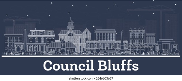 Outline Council Bluffs Iowa Skyline with White Buildings. Vector Illustration. Business Travel and Tourism Concept with Historic Architecture. Council Bluffs Cityscape with Landmarks.