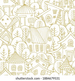 Outline country houses and trees seamless pattern. Vector illustration.