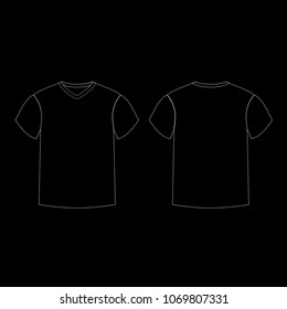 Outline countur silhouette of men's t-shirt template v-neck front and back side views. Vector of male t-shirt wearing illustration isolated on black background.