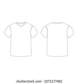 Outline countur silhouette of men's t-shirt template v-neck front and back side views. Vector of male t-shirt wearing illustration isolated on white background.
