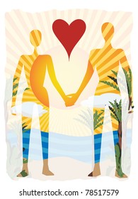 Outline of couple holding hands with see through tropical paradise behind them