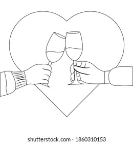 Outline couple in love clinking with wine vector illustration in valentines day. Two hands clinking cheers and heart shape in the background