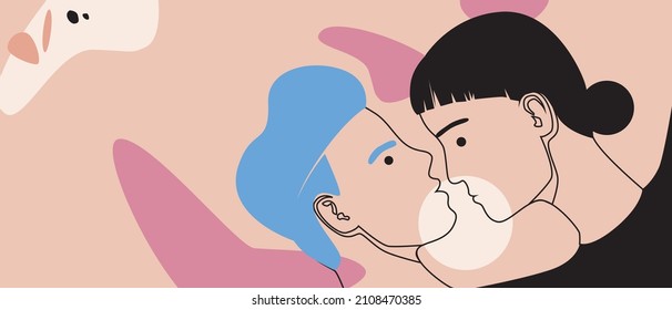 Outline couple in modern style, copy space template. Vector stock illustration. Geometric abstract shapes like with place for text. Young man and woman are hugging. couple kiss line drawing