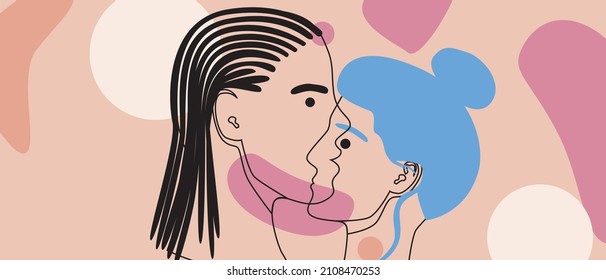 Outline couple in modern style. Vector stock illustration. Geometric abstract shapes like a print of love. Couple kiss line drawing