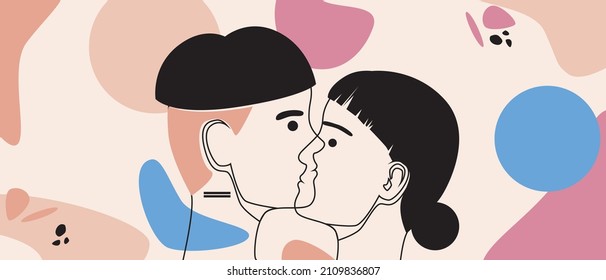 Outline couple in modern style. Vector stock illustration. Geometric abstract shapes like a print of love. Young man and woman are hugging. Couple kiss line drawing