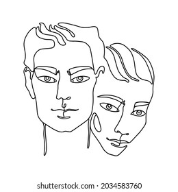 Outline couple silhouettes of head and faces. Man and woman together. Line art two people in love. One line drawing pair. Isolated white background. Relationships. Interior decor. Fashion