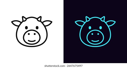 Outline cow face icon, with editable stroke. Cute cow head icon, calf emoji with smile. Cartoon cow emoji, calf head, baby bull, dairy farm, milk food, cute animal emoticon. Vector icon
