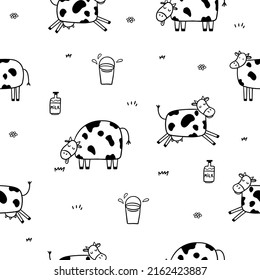 Outline cow pattern. White and black pattern with cows. Milk poster design.